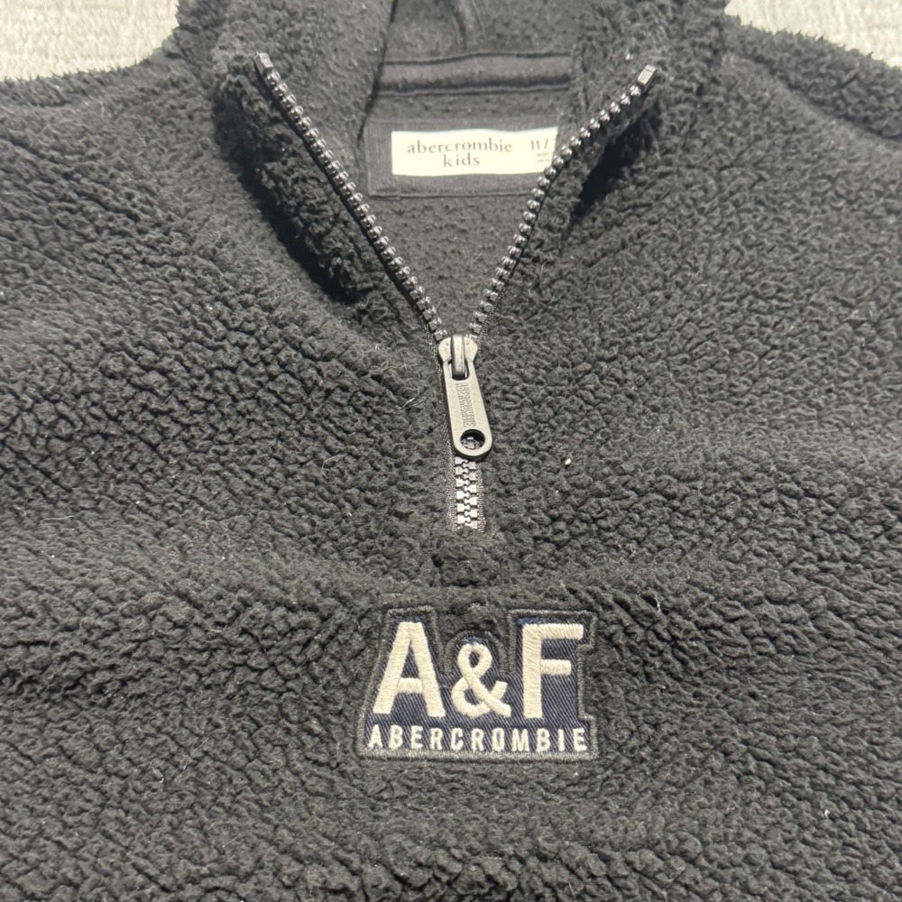 Abercrombie & Fitch Kids 11/12 Deep Pile 1/4 Zip Hoodie Black Sherpa Fleece - Picture 6 of 6